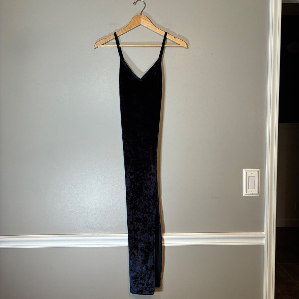 Joe & Elle Navy Blue Crushed Velvet Maxi Dress V-Neck Side Slit Crisscross Back